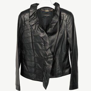 Escada Luloo Black Leather Ruffle-Trim Jacket